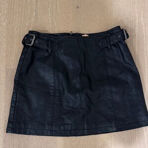 Free People Black Mini Leather Skirt with Buckle Detail